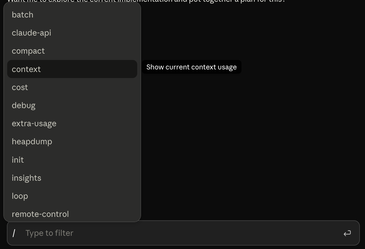 The slash commands dropdown in Claude Code desktop