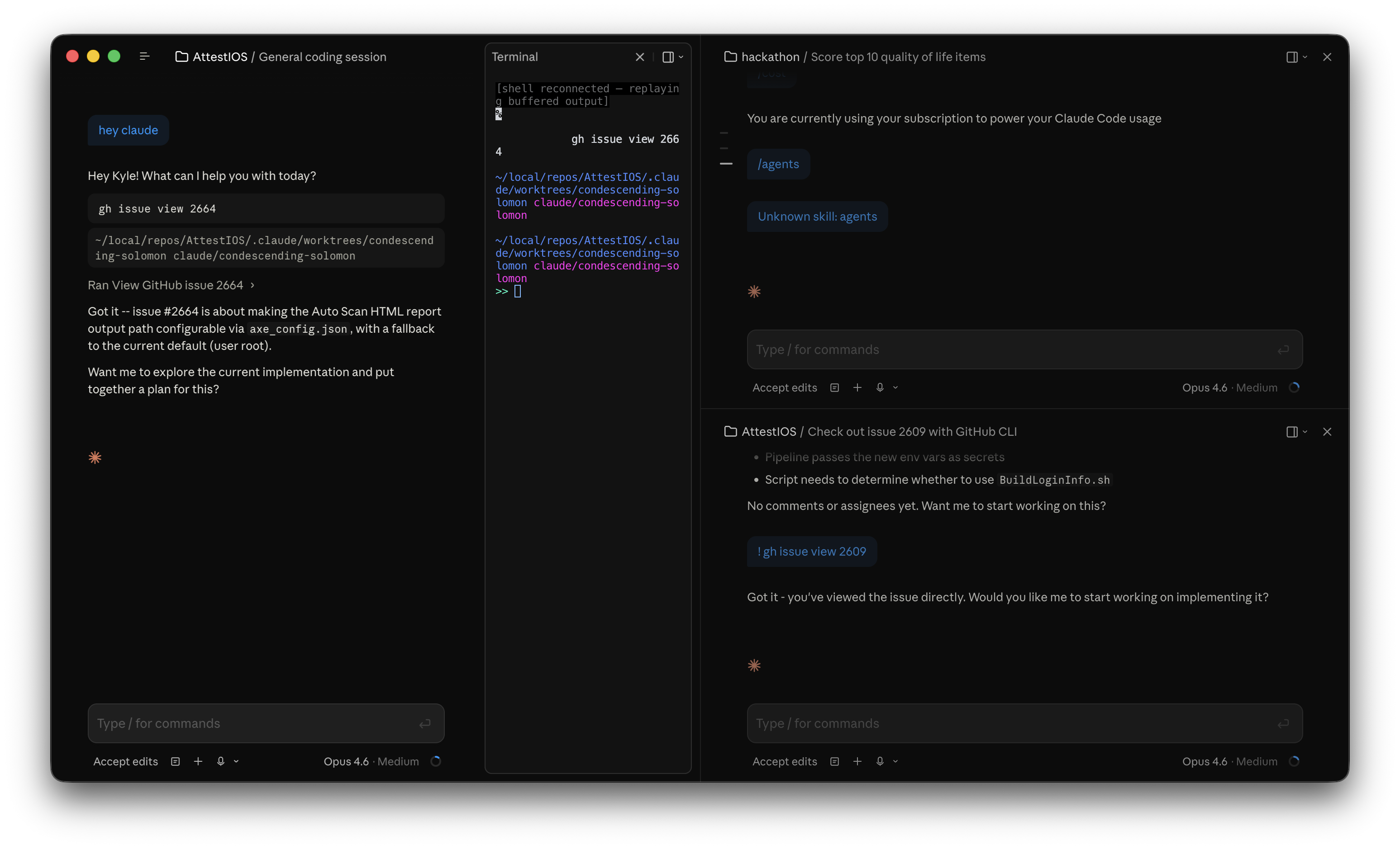 Claude Code desktop split screen with multiple sessions and a terminal panel