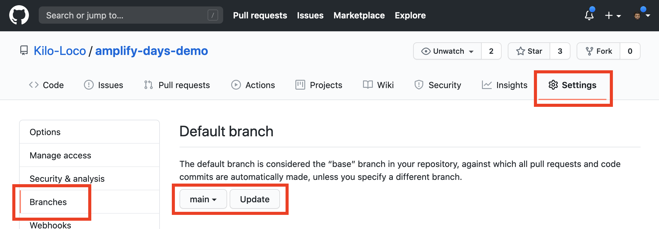 Update default branch on GitHub