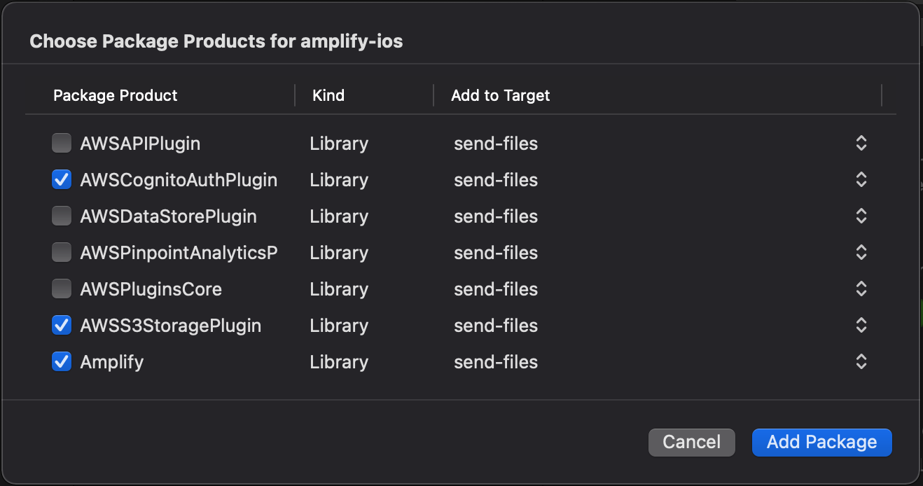 Selecting Amplify, AWSCognitoAuthPlugin, and AWSS3StoragePlugin
